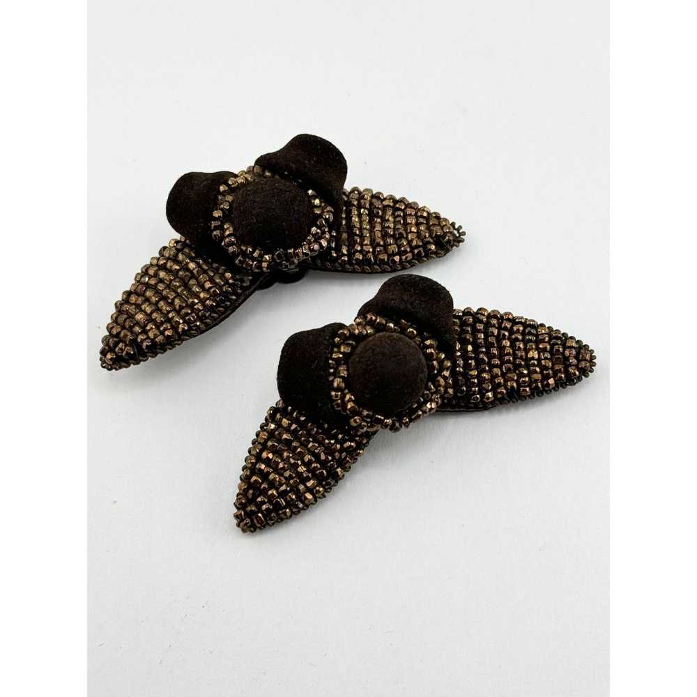 Vintage Vintage brown beaded floral shoe clips - image 2