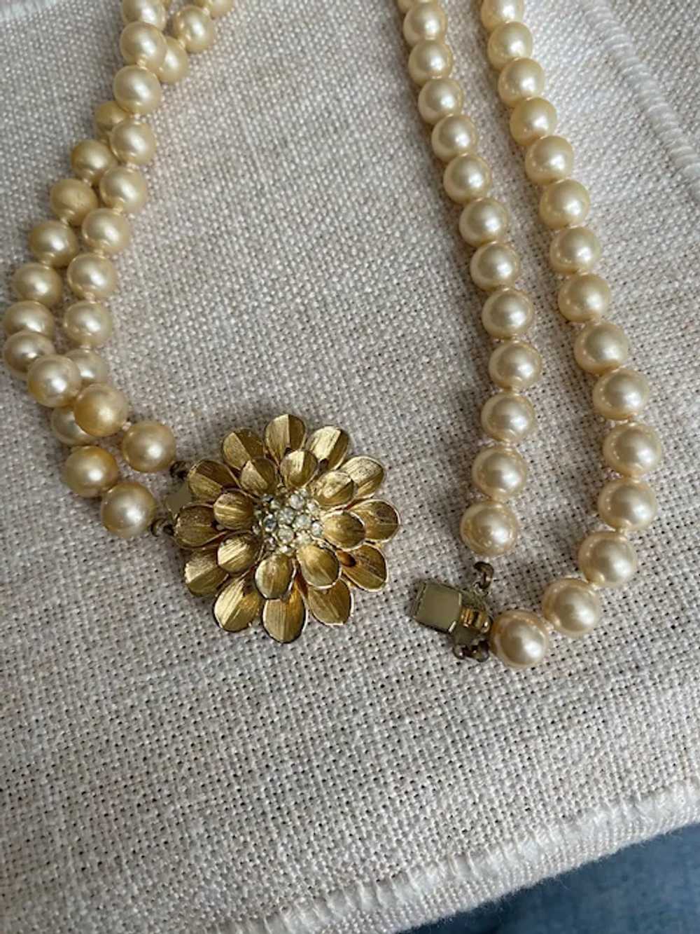 Signed LARA, Double Strand Pearl Necklace Gold To… - image 2