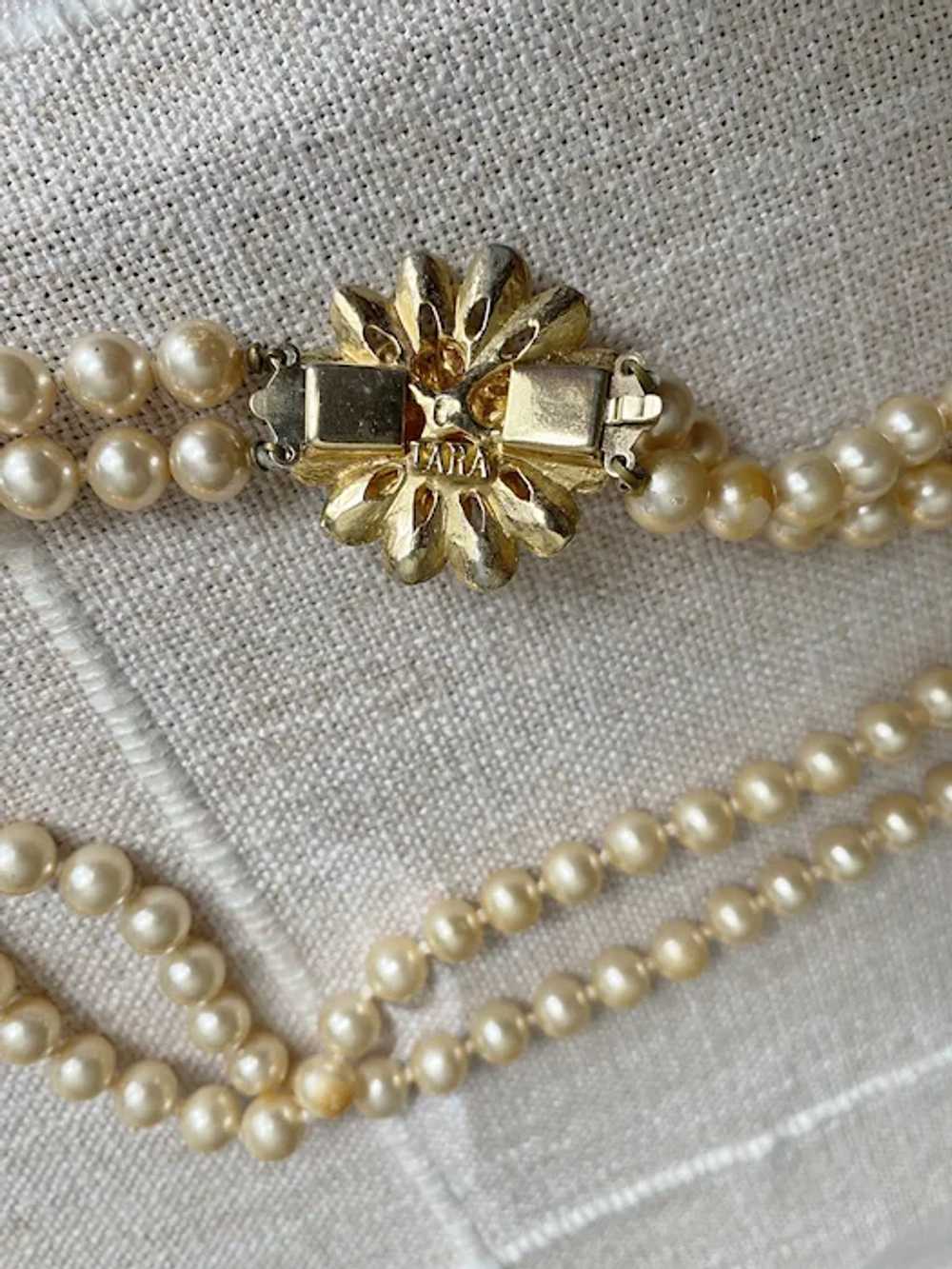 Signed LARA, Double Strand Pearl Necklace Gold To… - image 3