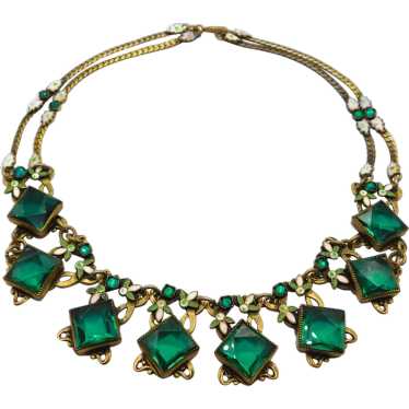 Magnificent Art Deco Brass & Emerald Glass Floral 