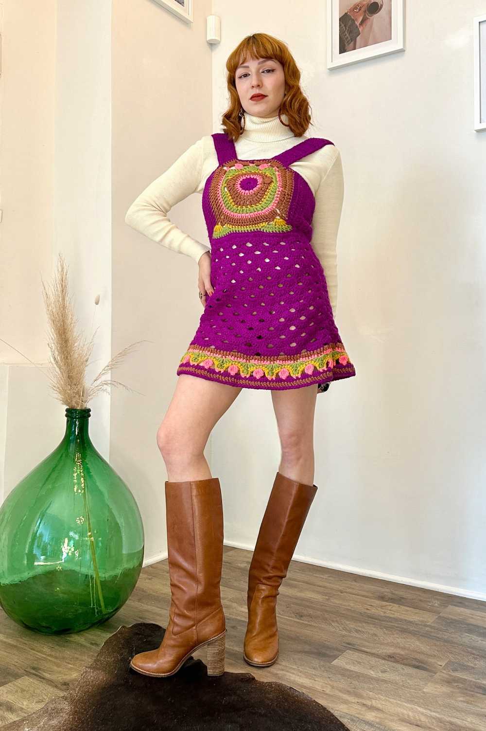 1970s Hand-Crocheted Purple Mini Dress-small - image 1