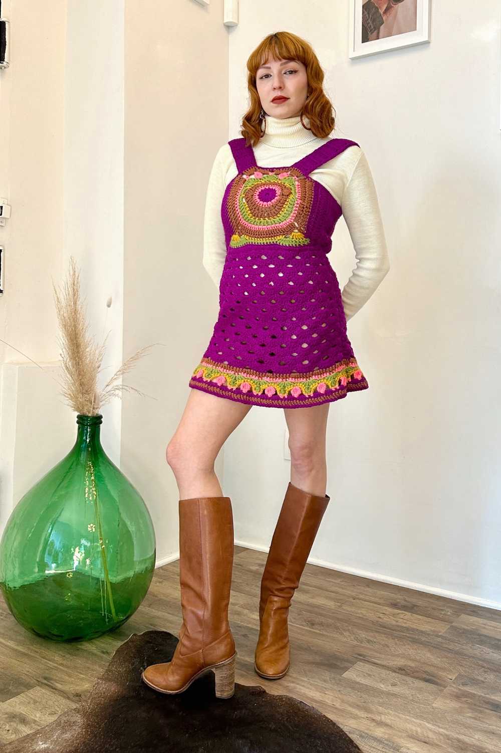 1970s Hand-Crocheted Purple Mini Dress-small - image 3