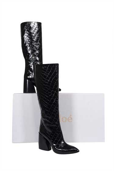 Chloe - Black Patent Croc Embossed Leather Tall Bo