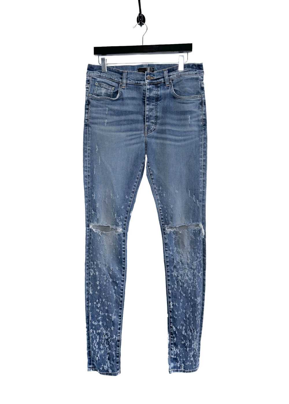 Amiri Amiri Washed Blue Knee Slit Shotgun Jeans - image 1