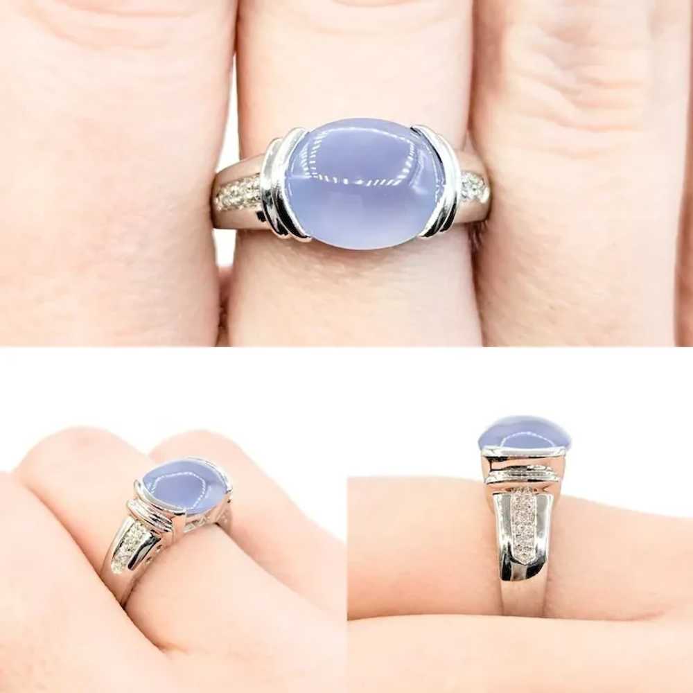 Vintage Blue Chalcedony Cabochon & Diamond Ring i… - image 2