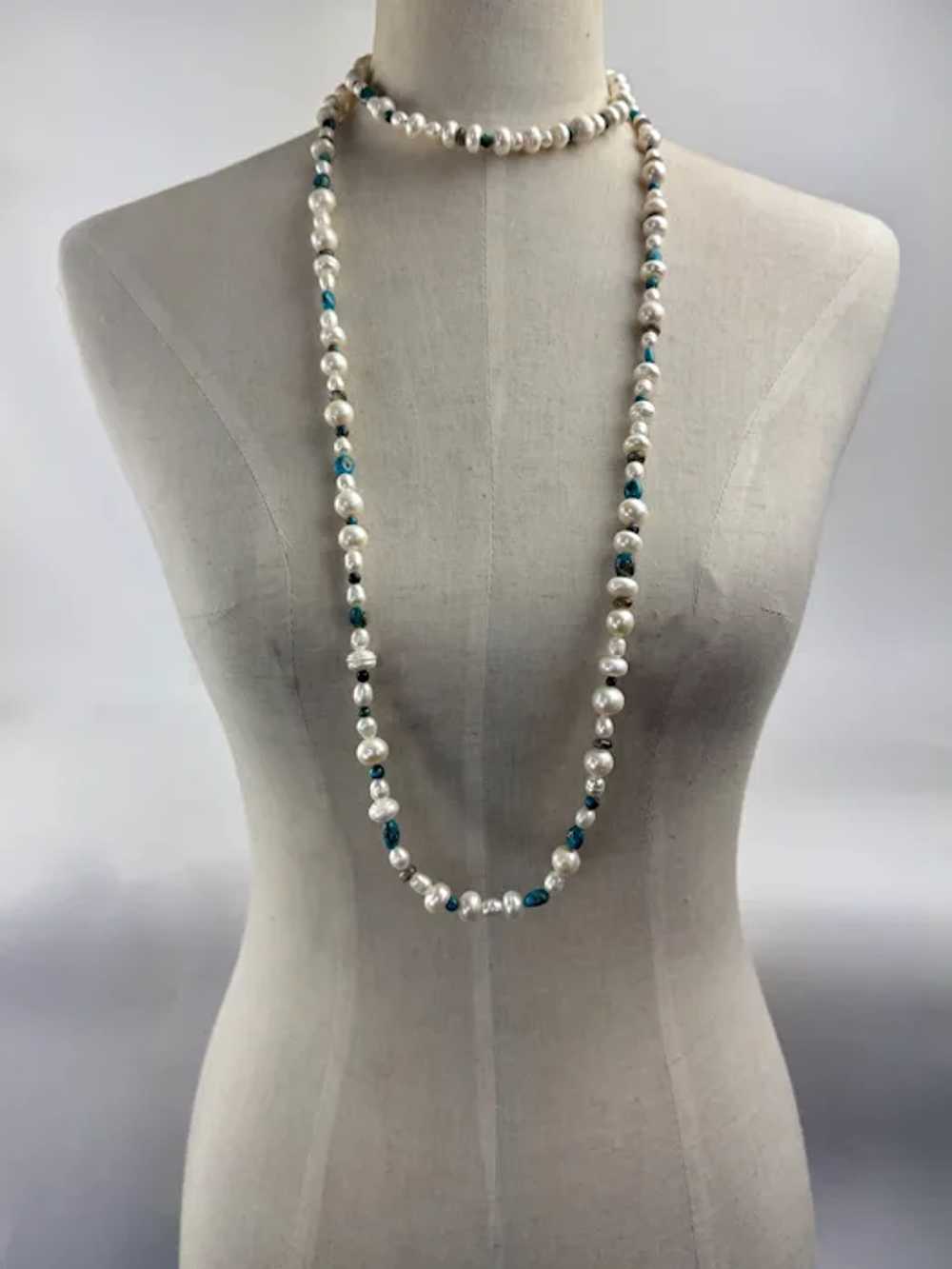 Pearl Turquoise Labradorite Long Necklace 53" Fla… - image 5