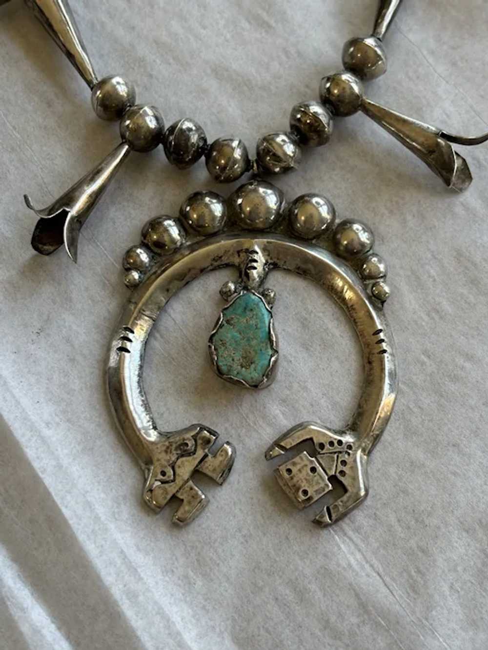 Vintage Navajo Squash Blossom Necklace Yei Hands - image 2