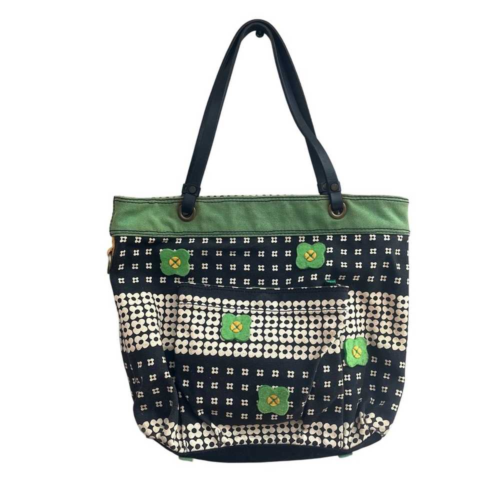 Lucky Brand Hippy Daisy Green Canvas Black Leathe… - image 1