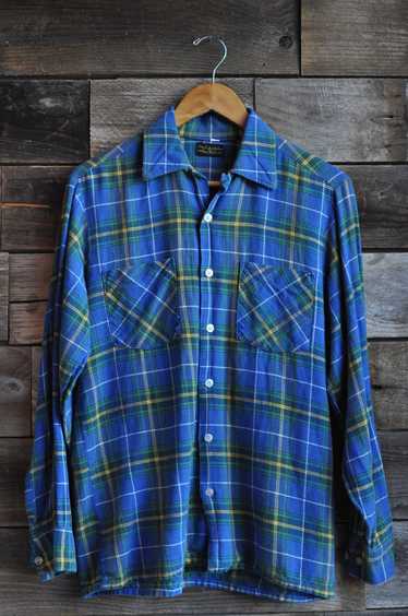 60s Blue Plaid Cotton Flannel | M