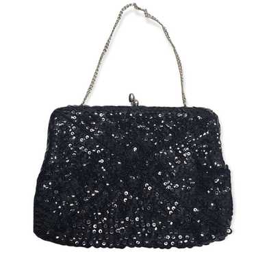 La Regale Black Sequin Evening Clutch / Purse Flo… - image 1