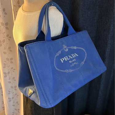 Authentic PRADA Canapa L Canvas Tote Bag Blue