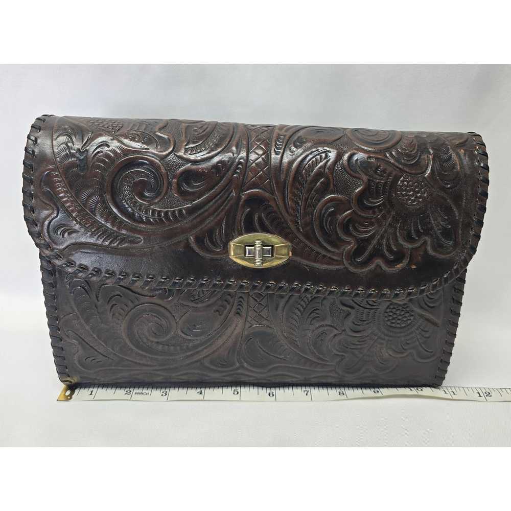 Vintage Dark Brown Leather Hand Tooled Saddle Bag… - image 11