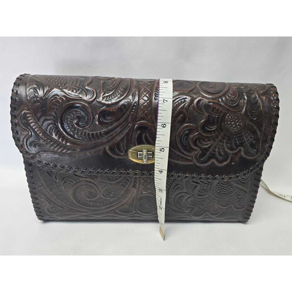 Vintage Dark Brown Leather Hand Tooled Saddle Bag… - image 12