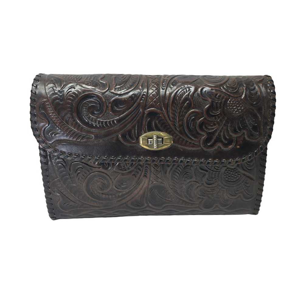 Vintage Dark Brown Leather Hand Tooled Saddle Bag… - image 1