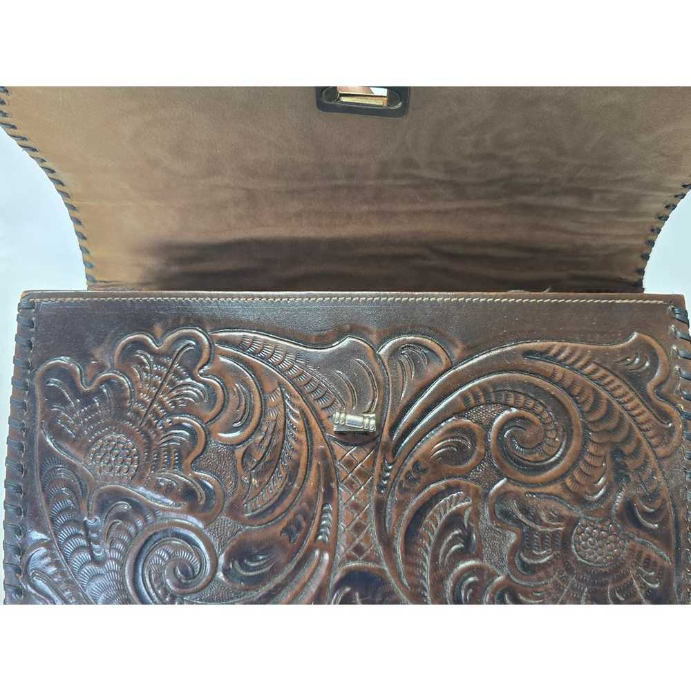 Vintage Dark Brown Leather Hand Tooled Saddle Bag… - image 2