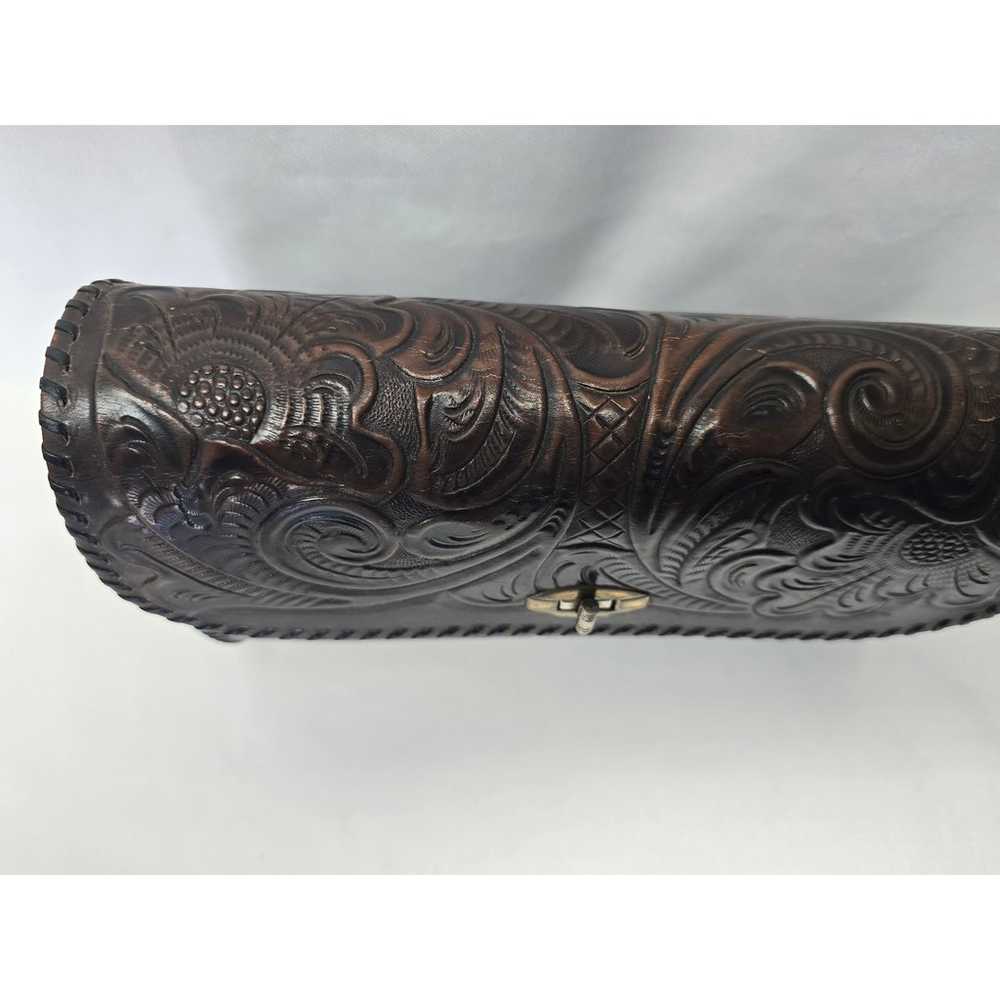 Vintage Dark Brown Leather Hand Tooled Saddle Bag… - image 4