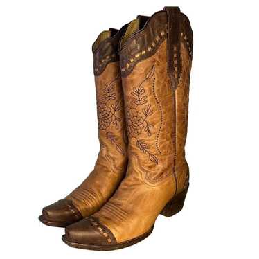 Corral Two-Tone Brown Snip Toe Floral Embroidered… - image 1