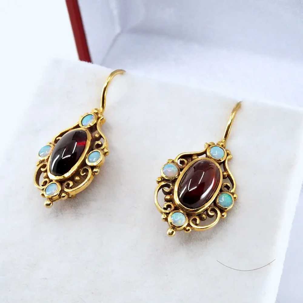 18K solid gold Victorian era drop earrings garnet… - image 2