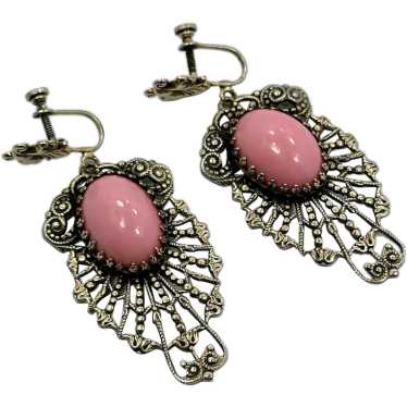 Pink Earrings, Victorian Revival, Gold, Filigree,… - image 1