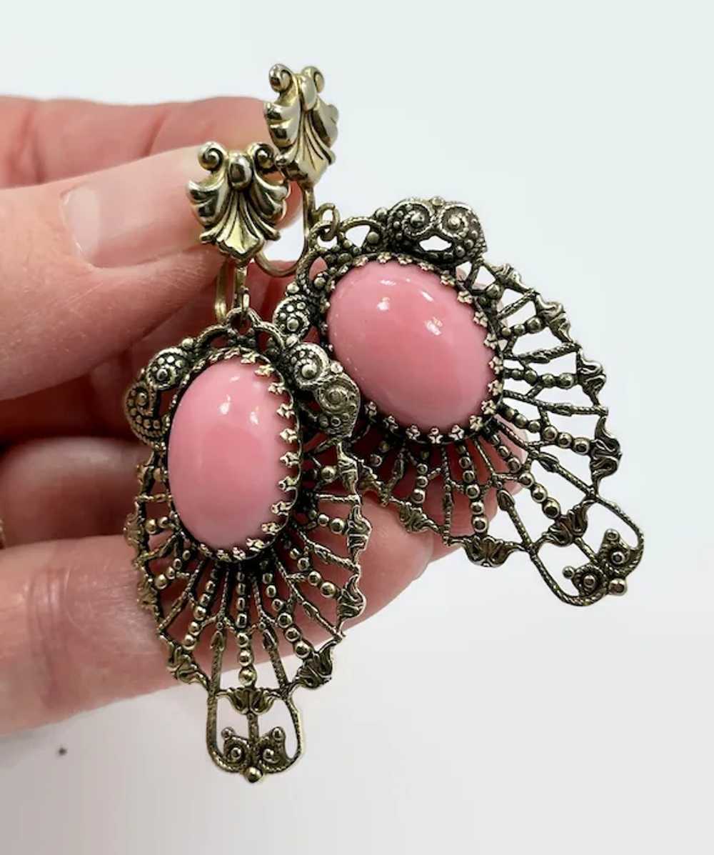 Pink Earrings, Victorian Revival, Gold, Filigree,… - image 2