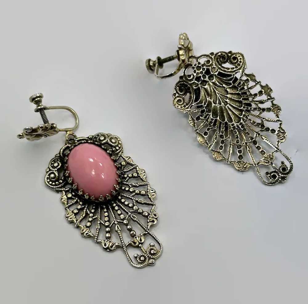 Pink Earrings, Victorian Revival, Gold, Filigree,… - image 3