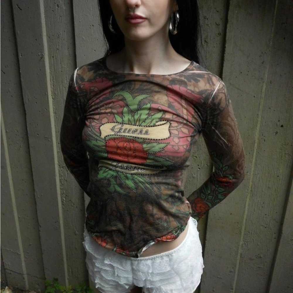 Vintage Guess Tattoo Graphic Long Sleeve Top Wome… - image 3