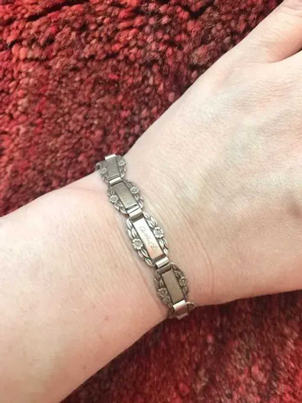 Antique Silver 1940s Forget me not bracelet 6.5" … - image 2