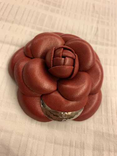 Chanel Red Leather Camelia Flower Pin Brooch