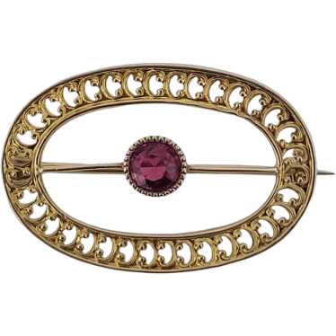 Vintage 10k Yellow Gold Oval Pin with Red Stone