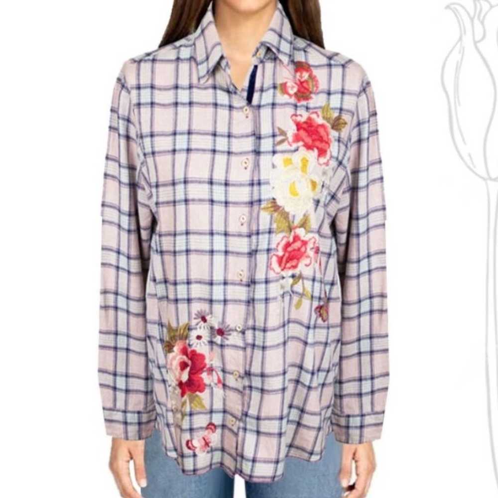 Johnny Was Workshop Blue Plaid Embroidered Floral… - image 3