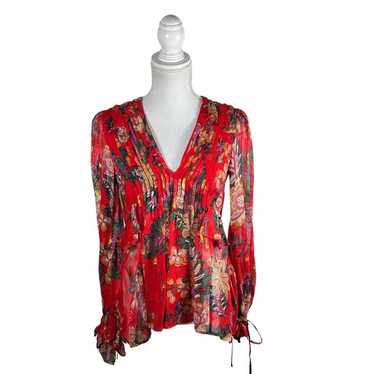 NWT - THE KOOPLES Classic Red hot Floral Printed Silk Loose Fit Button-Down Blouse