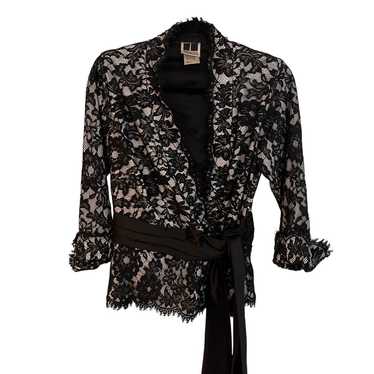 Tadashi Black Faux Wrap French Cuff Sequin Lace T… - image 1