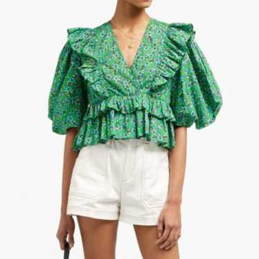 RHODE Elodie Green Floral Cotton Ruffle Crop Blous