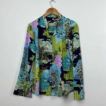 Josie Natori Dark Blue/Green Geisha LS Blouse - image 1