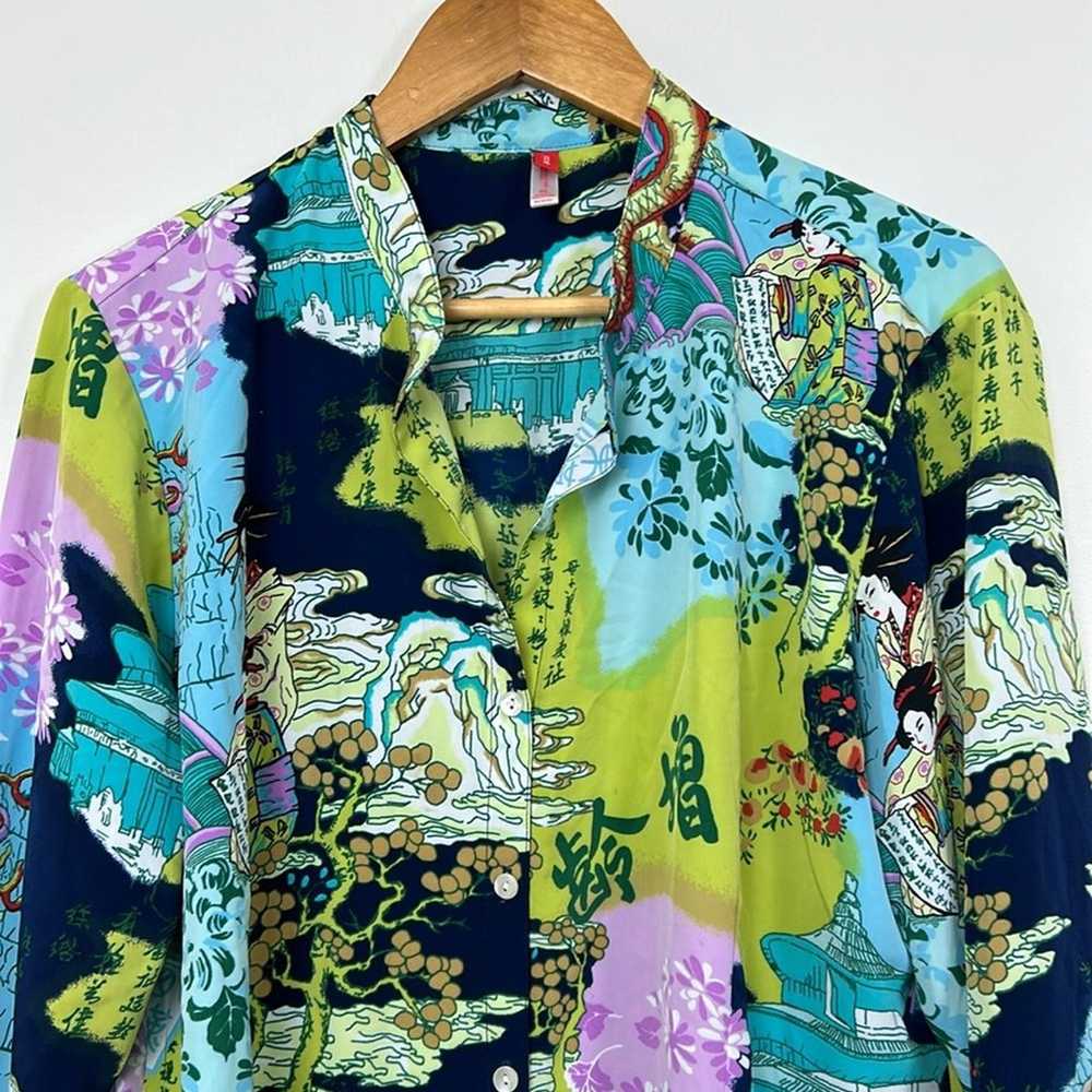 Josie Natori Dark Blue/Green Geisha LS Blouse - image 3