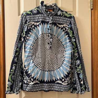 Tory Burch Ruffle Sunflower Blouse Size 6 Blue Mul