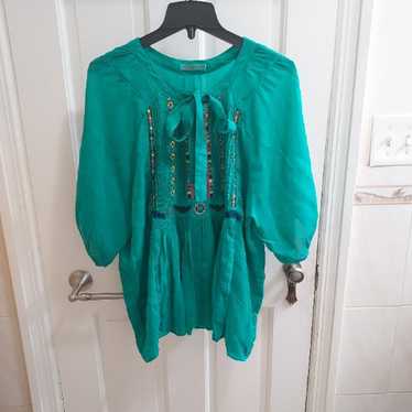 Johnny Was Georgette Embroidered Green outlet Short Sleeve Blouse