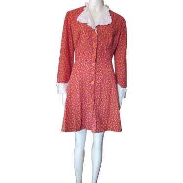 Cute 1970 Era Mini Dress in Cranberry Calico Cotto