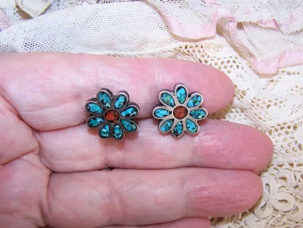 Native American Sterling Silver Coral Turquoise I… - image 2