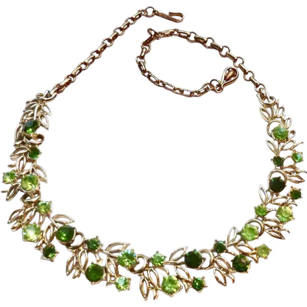 Vintage Coro Shades of Green Rhinestones Necklace… - image 1