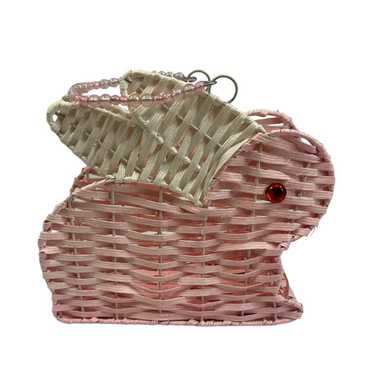 Vintage Woven Bunny Basket Purse Pink White Ratta… - image 1