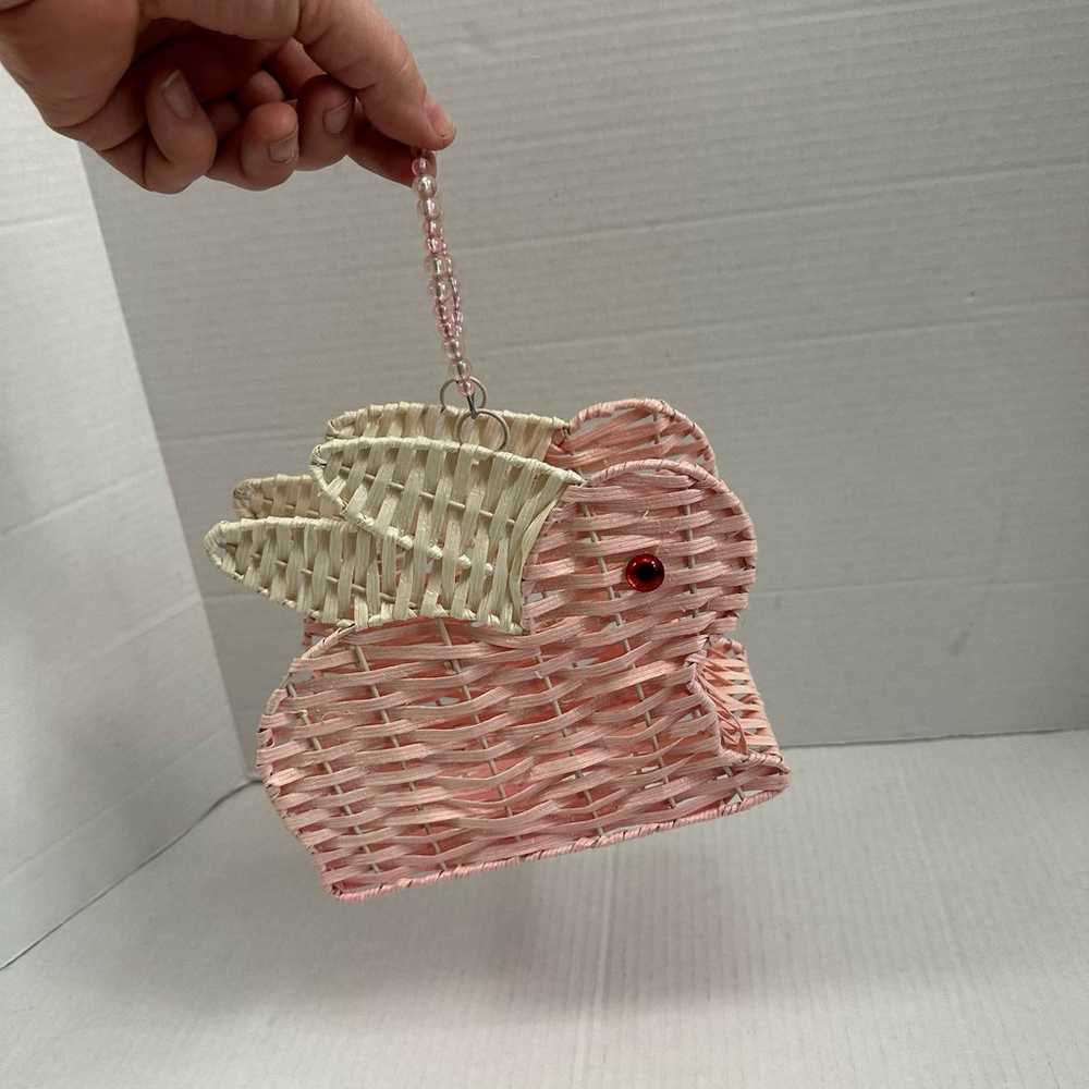 Vintage Woven Bunny Basket Purse Pink White Ratta… - image 5