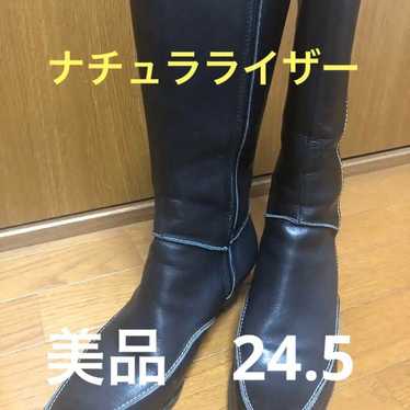 Natural leather long boots size 24.5, black