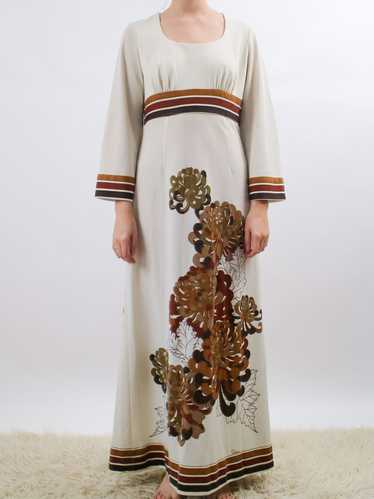 1970s Shaheen Brown and White Floral Maxi Hostess 