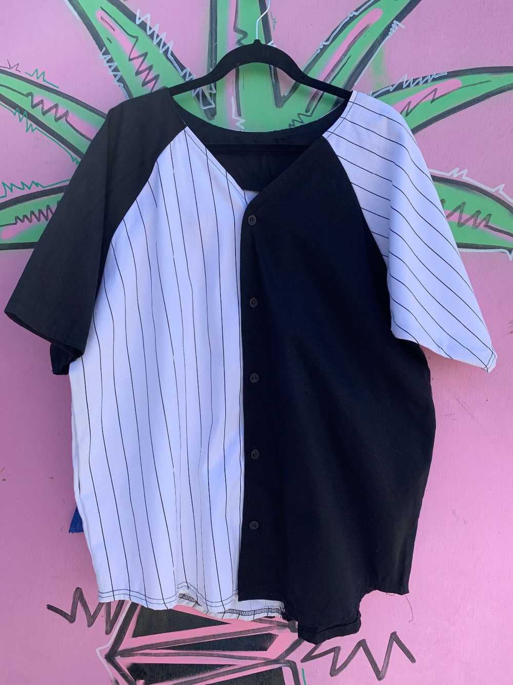 COLOR BLOCK PINSTRIPE BUTTON UP BASEBALL JERSEY - image 1