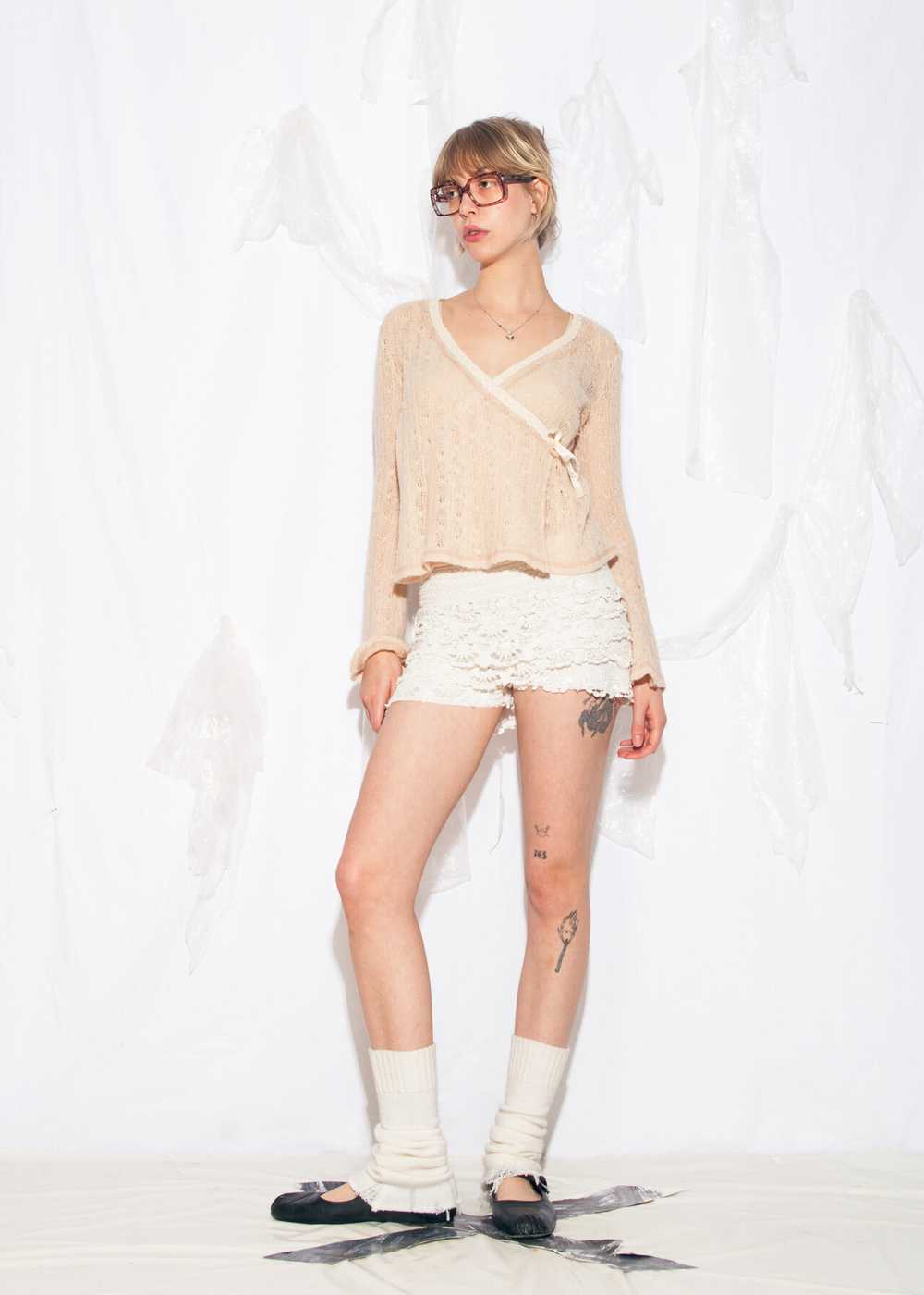 Vintage Y2K Lace Knit Jumper in Pastel Peach - image 6