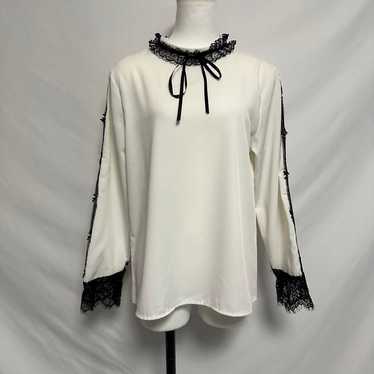 Frill Bicolor Blouse with Ribbon Lace - image 1