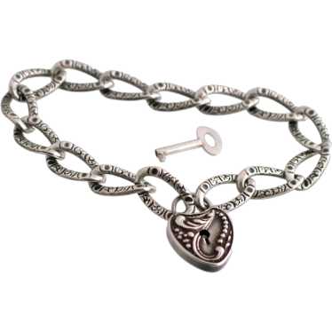 Sterling Etched Link Heart Lock Bracelet - image 1