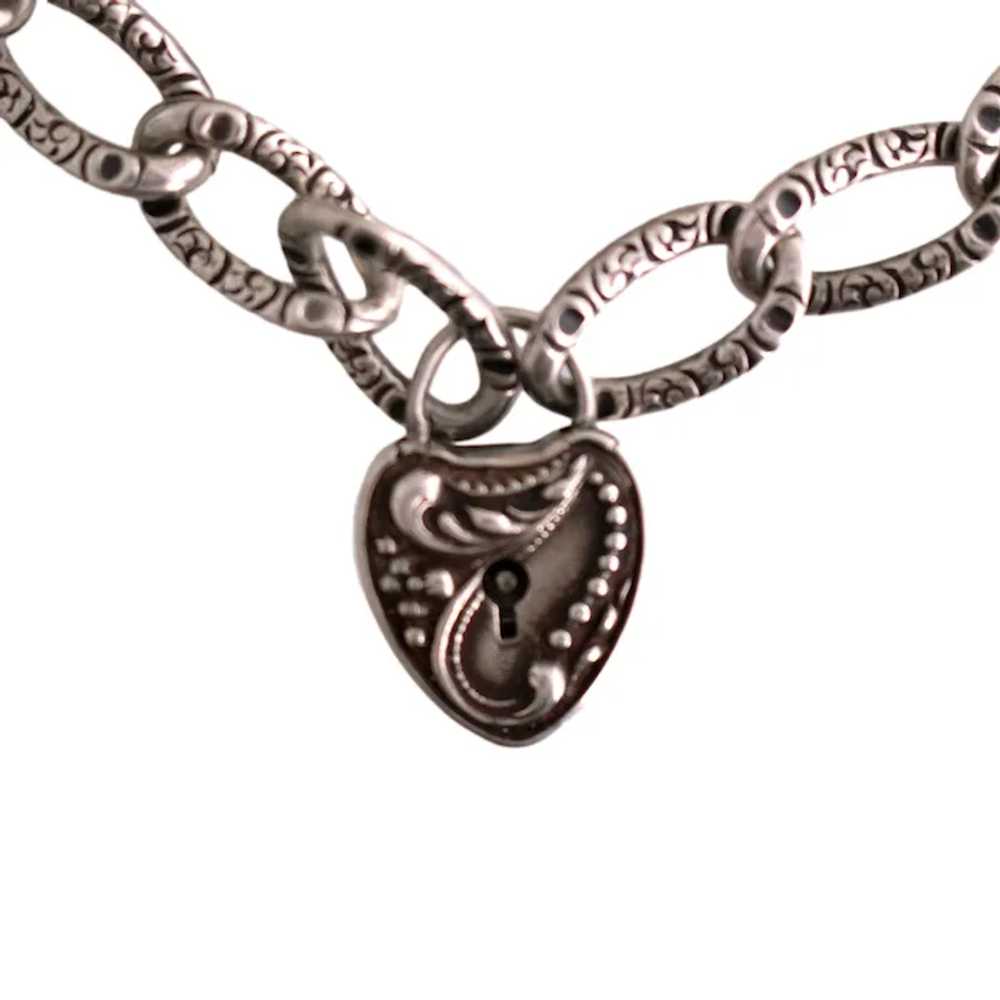 Sterling Etched Link Heart Lock Bracelet - image 3