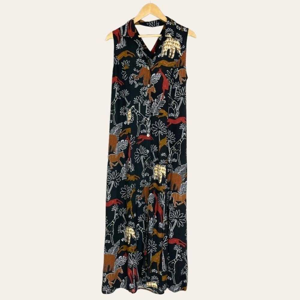 Vintage Jungle Dress Animals Black Sleeveless Cut… - image 1